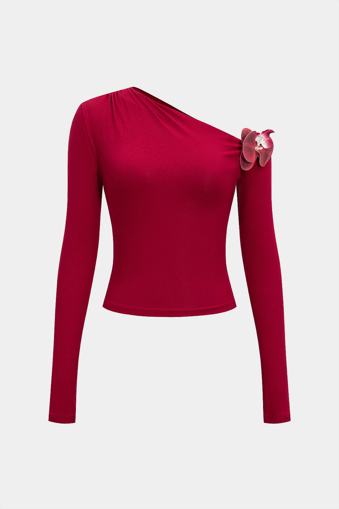3D Floral Decor Slant Shoulder Long-Sleeve Top