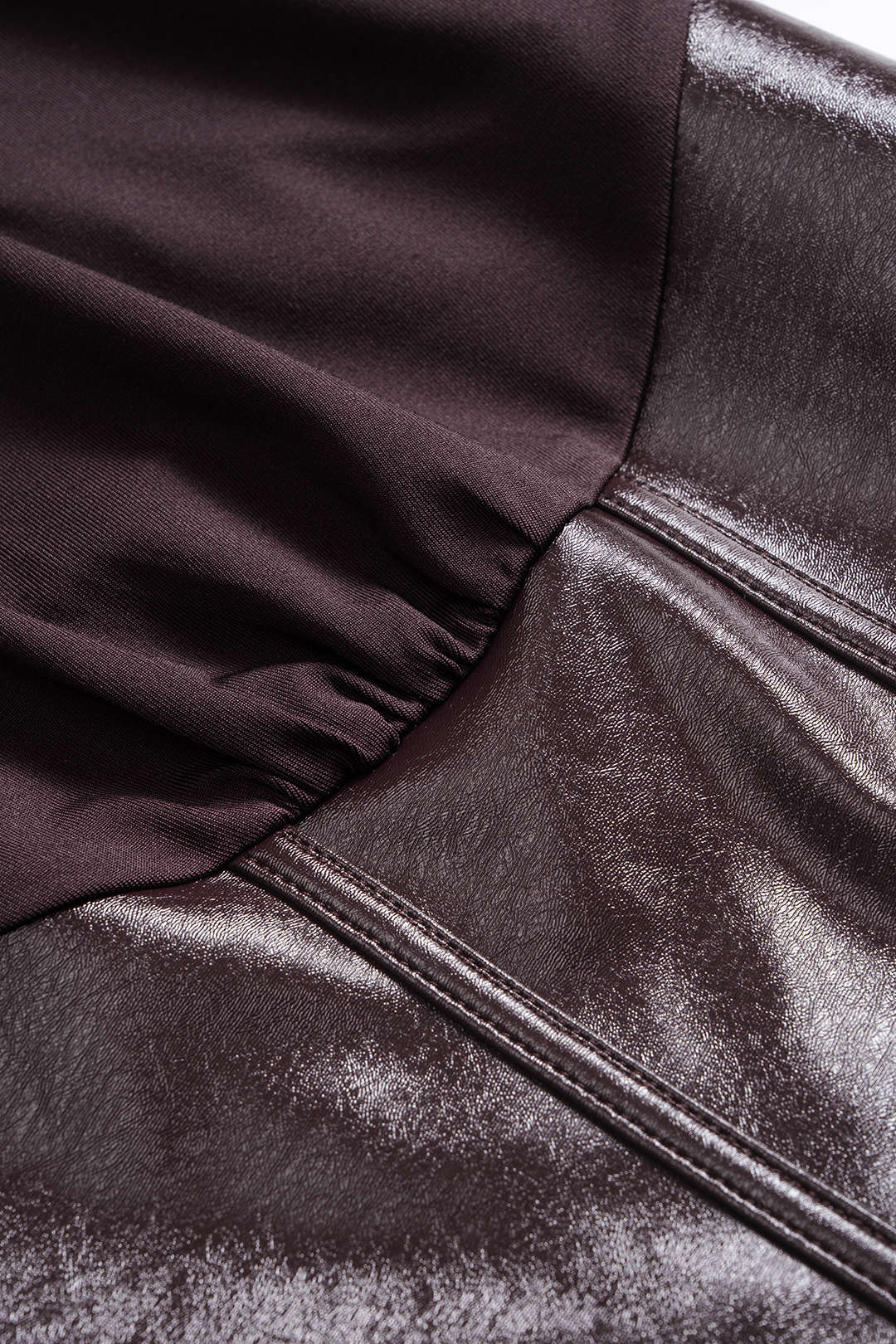 Faux Leather Round Neck Patchwork Short Sleeve T-Shirt