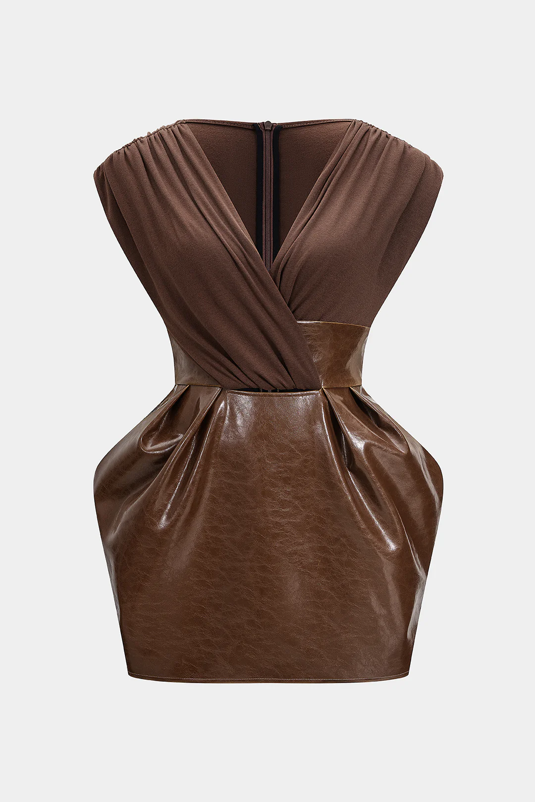 Plus Size Faux Leather Patchwork V-Neck Ruched Sleeveless Mini Dress