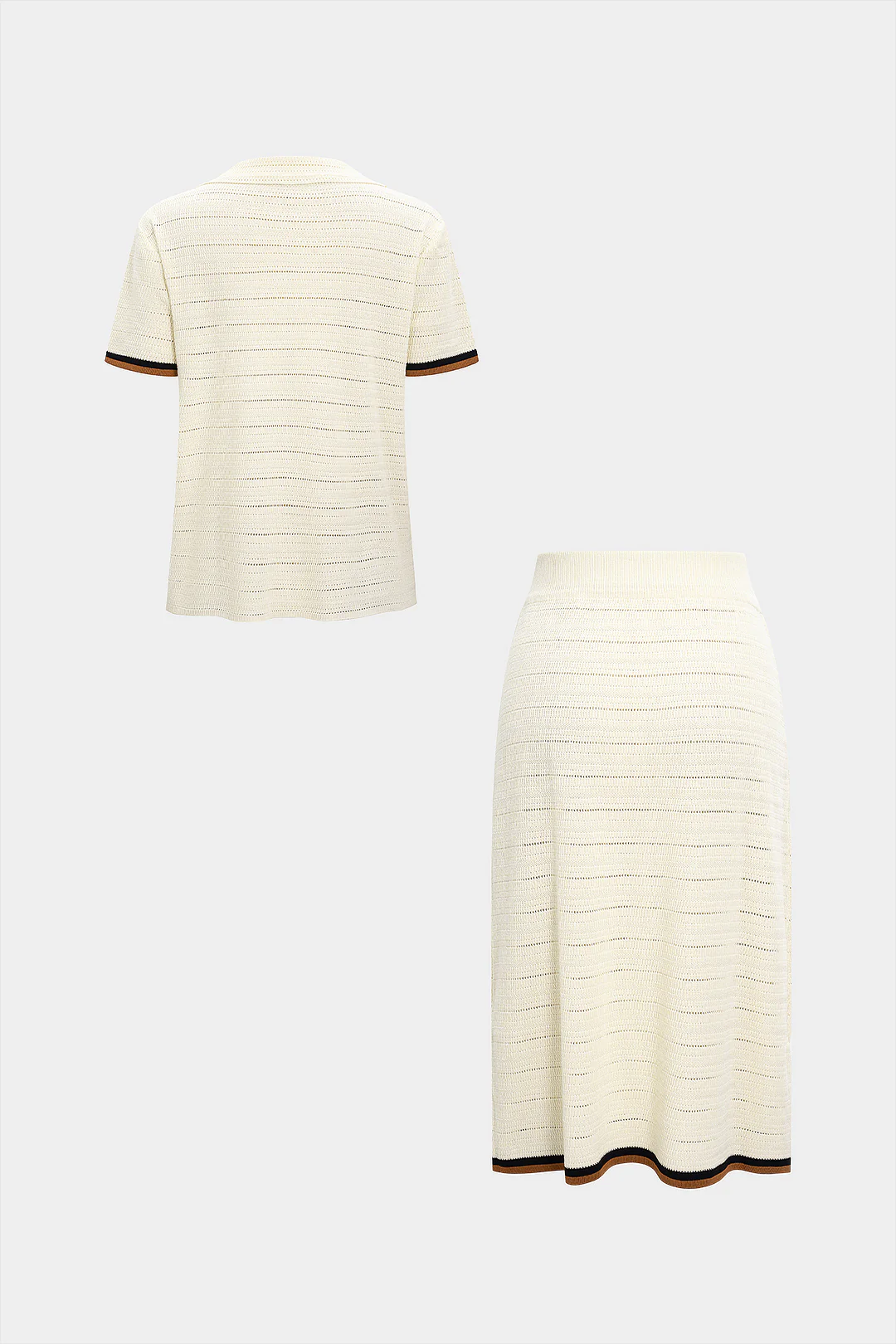 Knit Contrast Button Short Sleeve Shirt and Skirt Ensemble