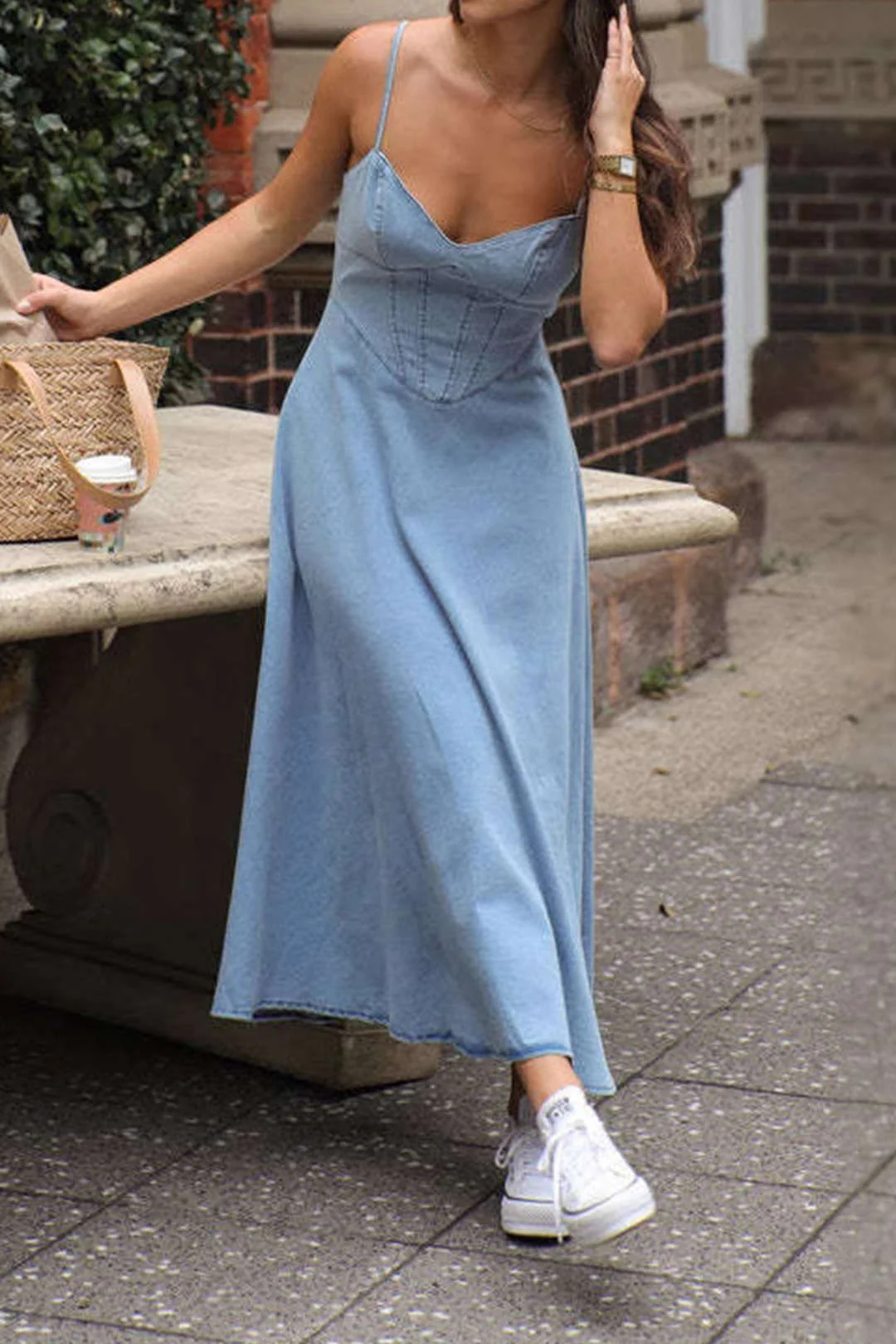 Denim Slip Sleeveless Midi Dress