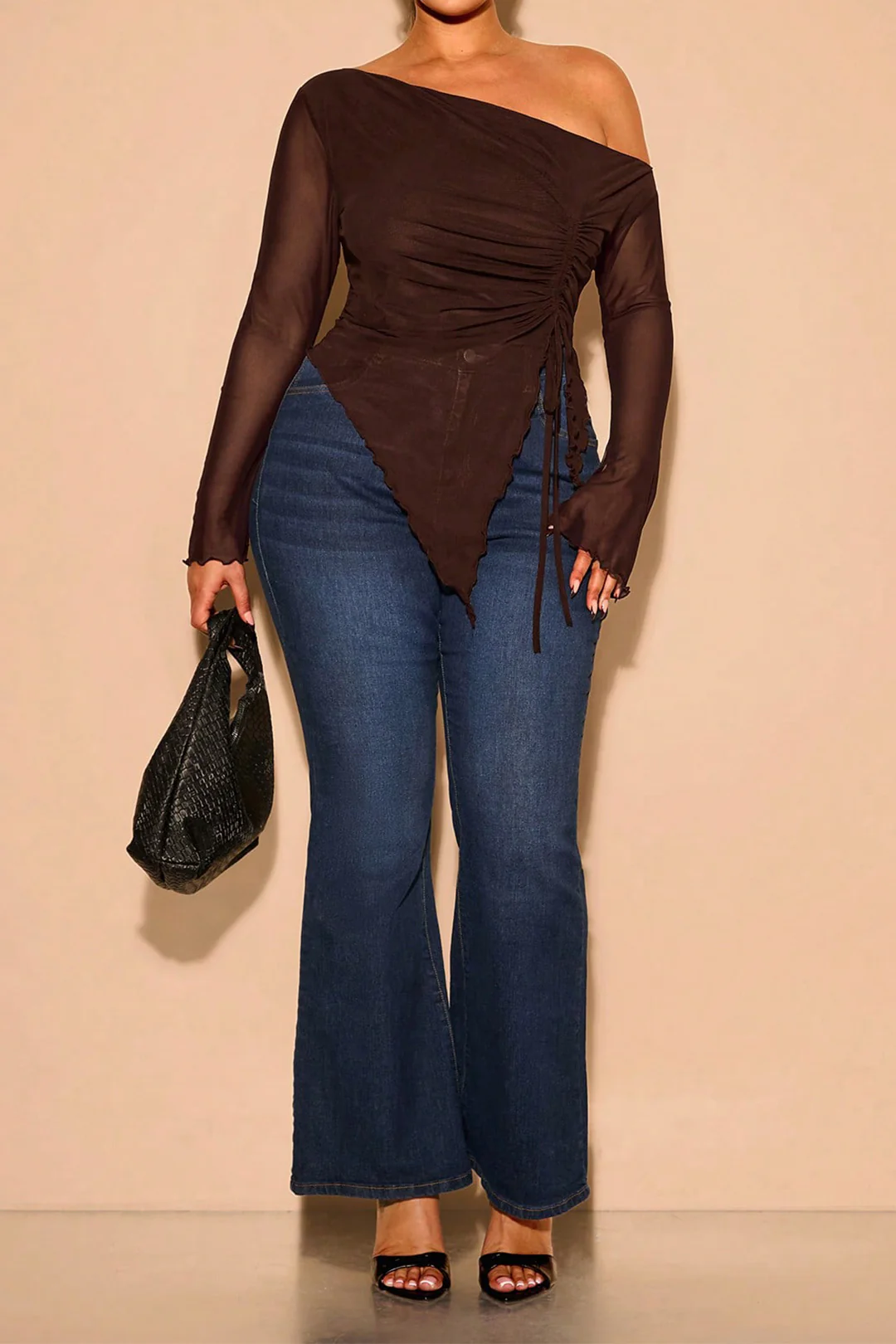 Plus Size Mesh One Shoulder Ruched Long-Sleeve Top