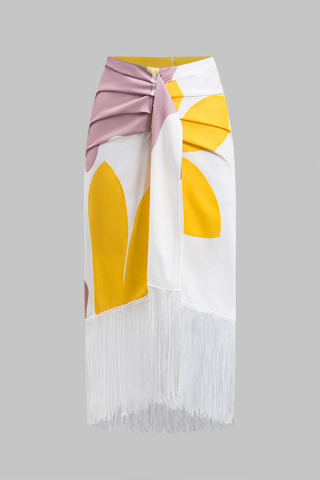 Abstract Print Ruched Asymmetric One-Shoulder Long Sleeve Top and Fringe Skirt Set