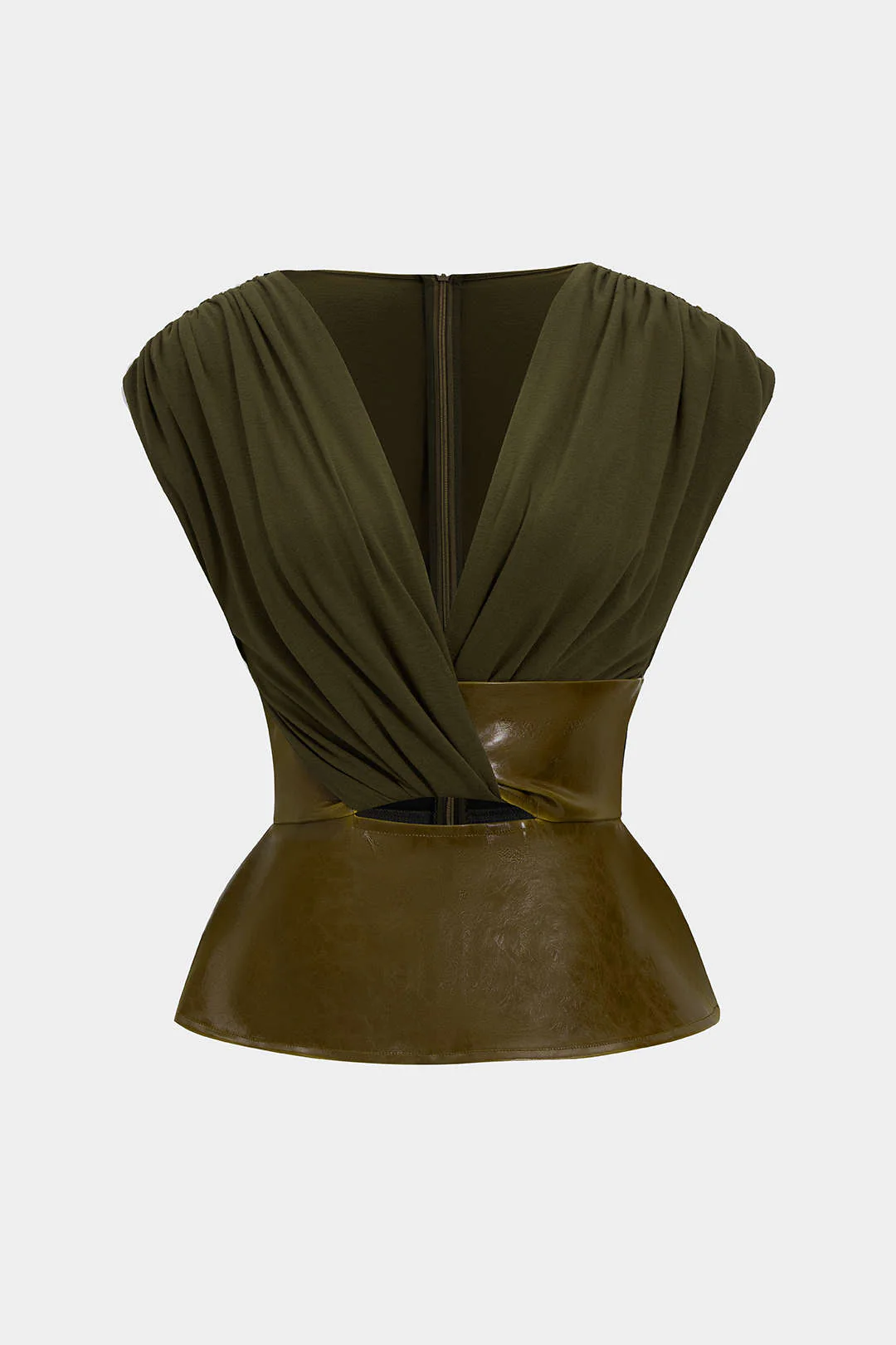 Faux Leather Patchwork Ruched Zipper Short Sleeve Blouse