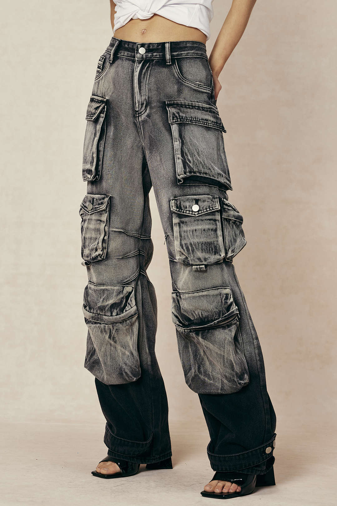 Ombre Multi-Pocket Wide-Leg Cargo Denim Trousers
