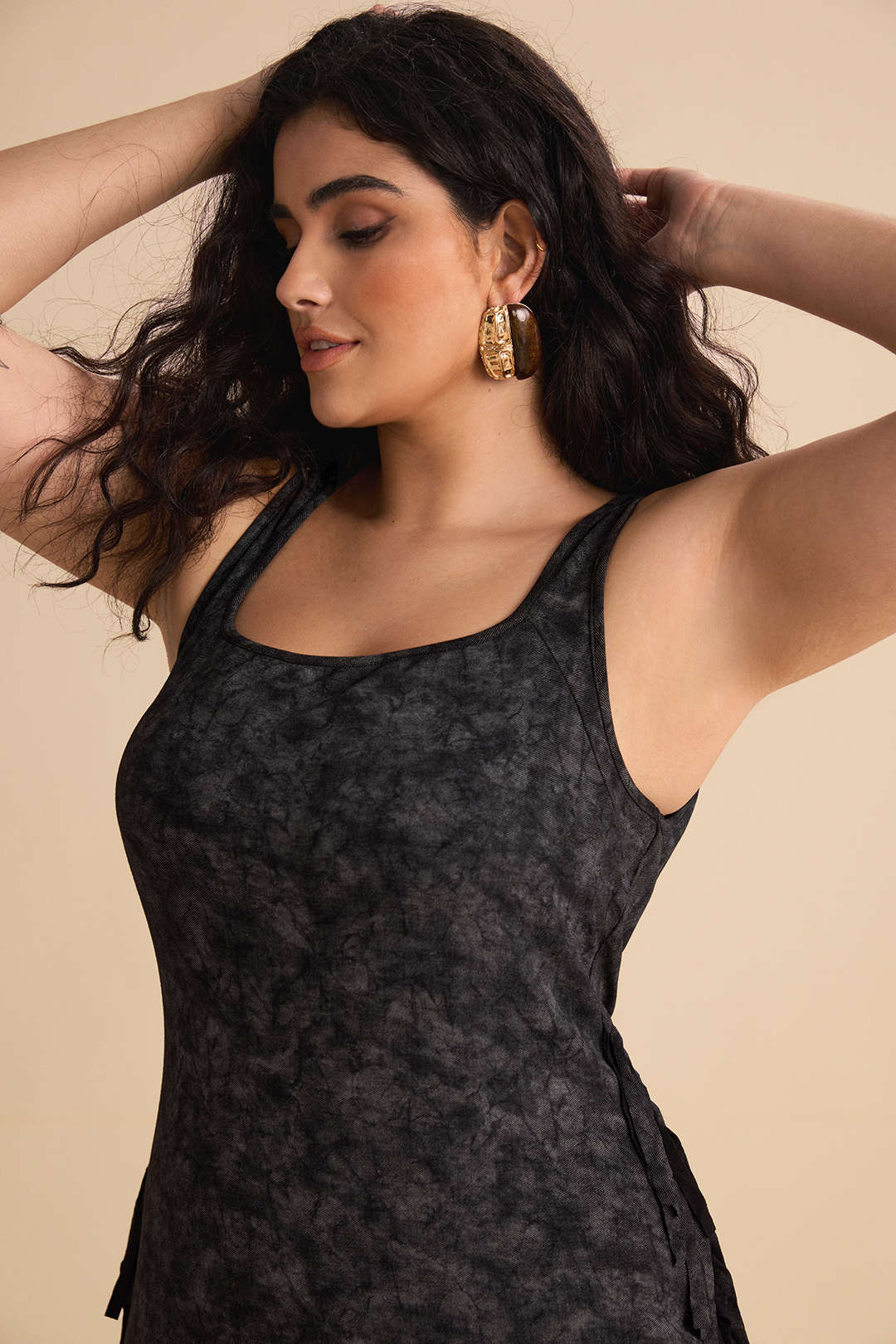 Plus Size Tie-Dye Printed Fringe Square-Neck Sleeveless Mini Dress