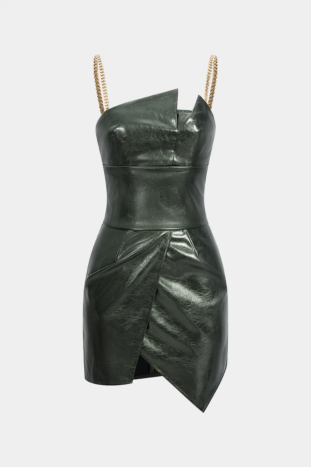 Faux Leather Zipper Ruched Metallic Chain Asymmetric Sleeveless Mini Dress