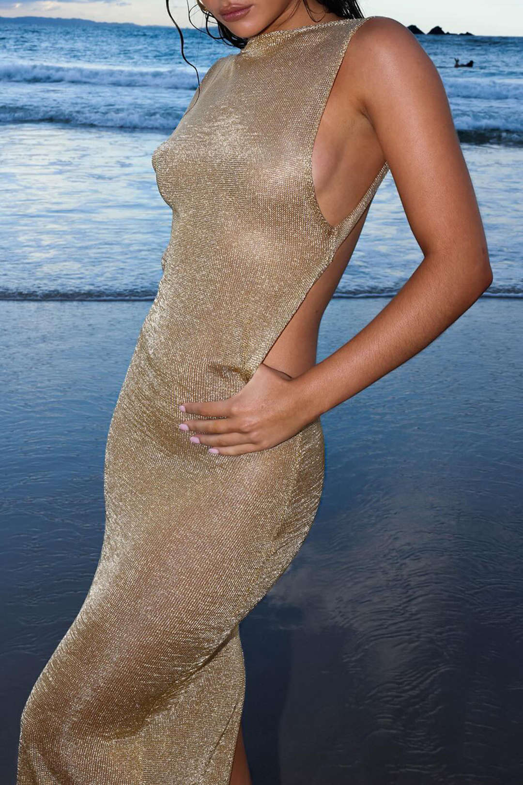 Metallic Sleeveless Backless Slit Maxi Knit Dress