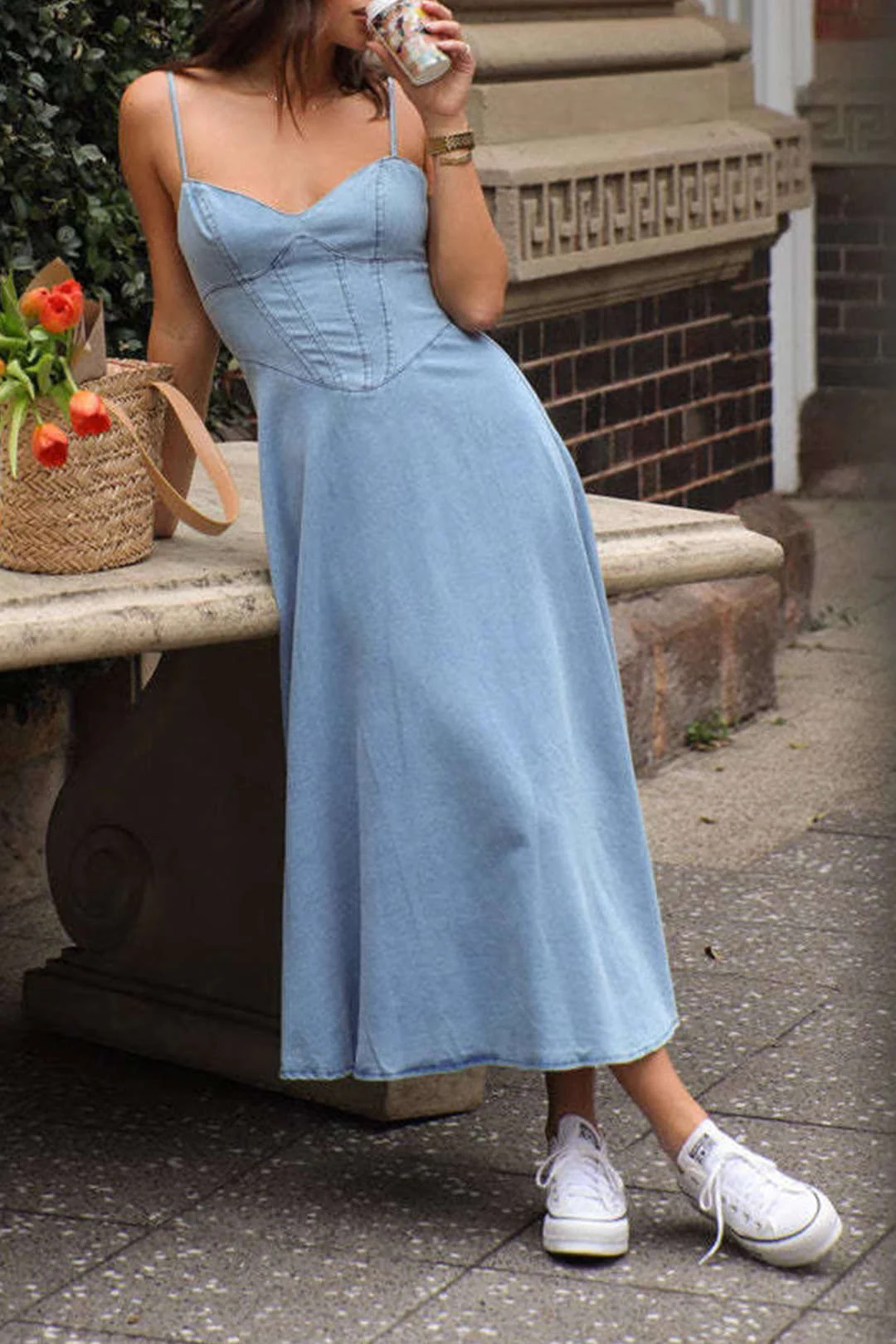 Denim Slip Sleeveless Midi Dress