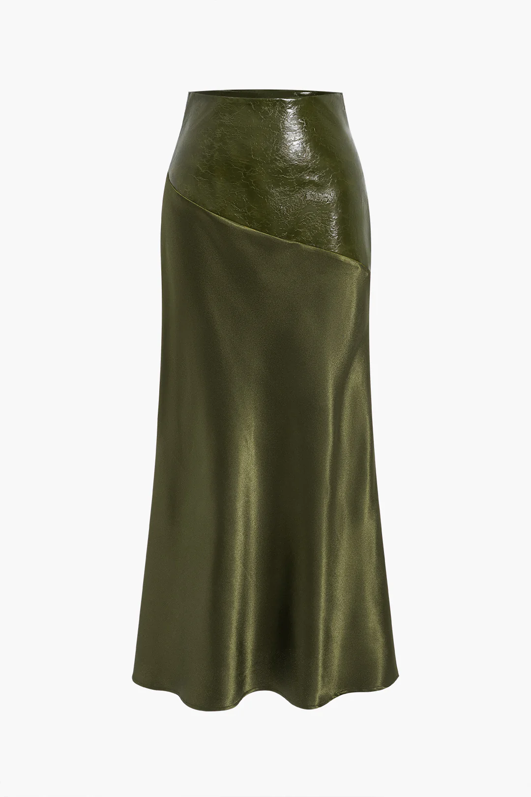 Satin Patchwork Faux Leather Asymmetric Skirt