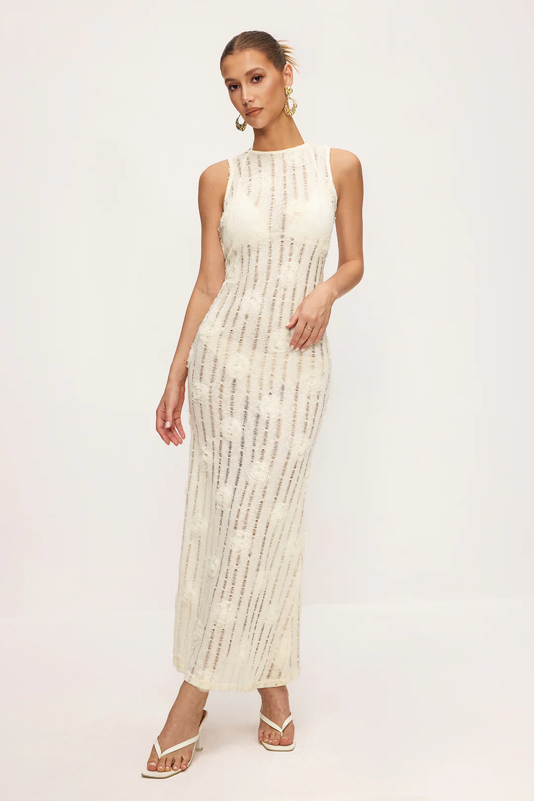 3D Floral Decor Tie-Up Sleeveless Maxi Dress