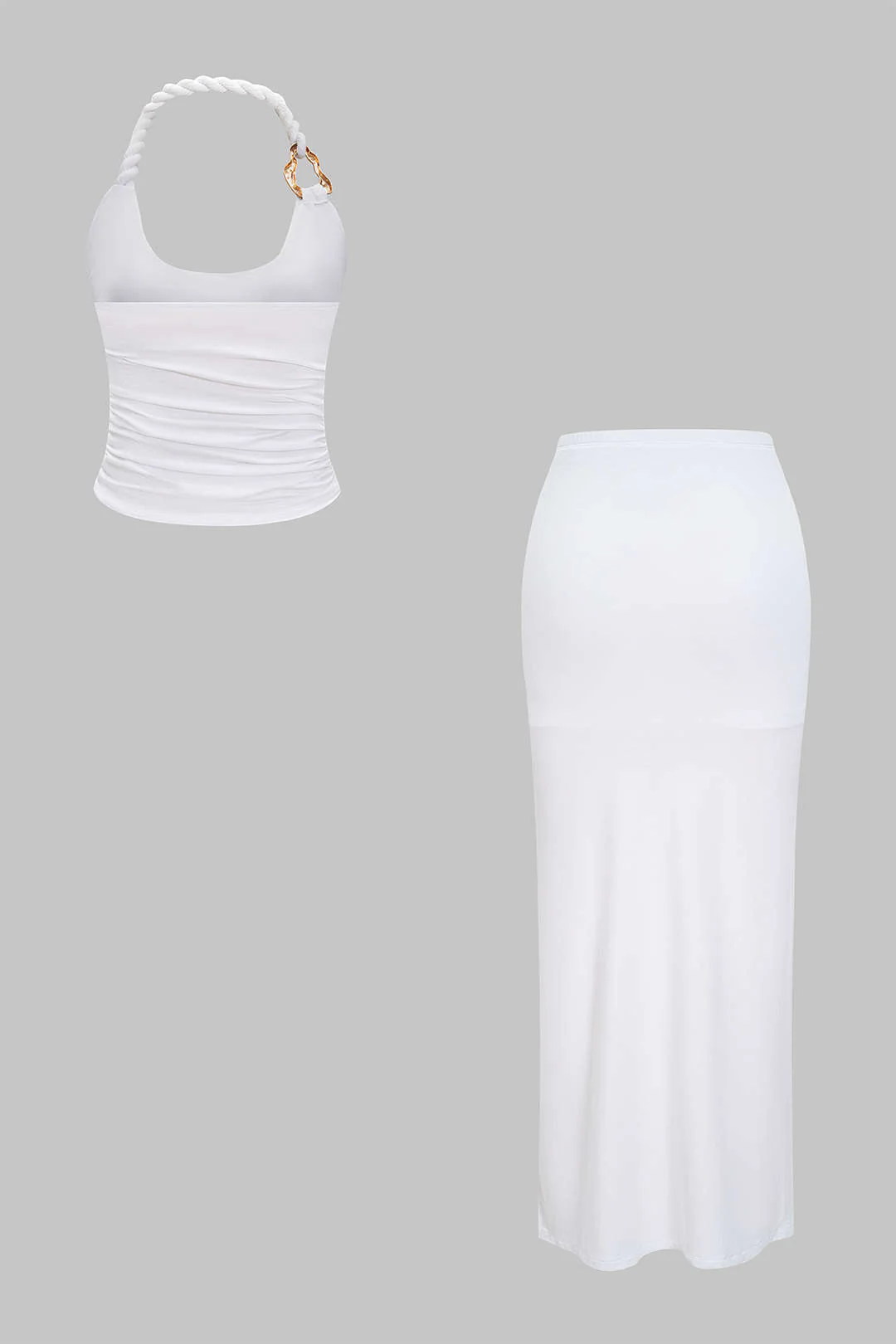 Asymmetrical Twist Knot Metallic Skirt Ensemble