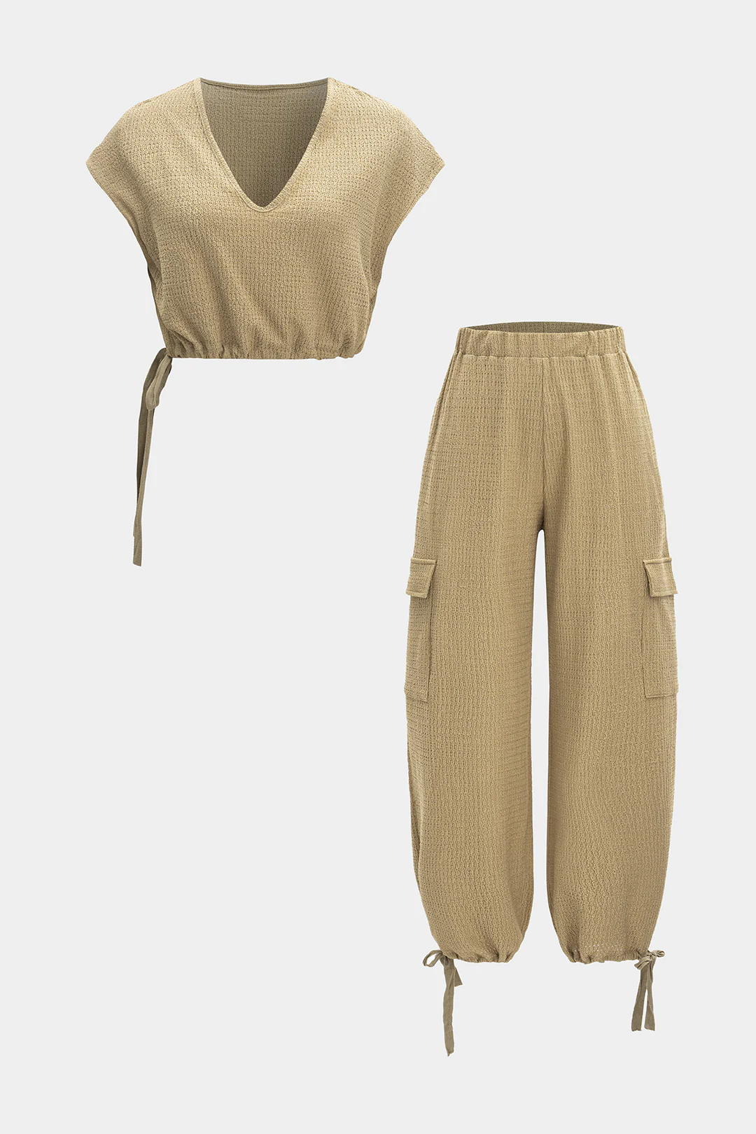 V Neck Drawstring Tank Top and Pocket Trousers Set