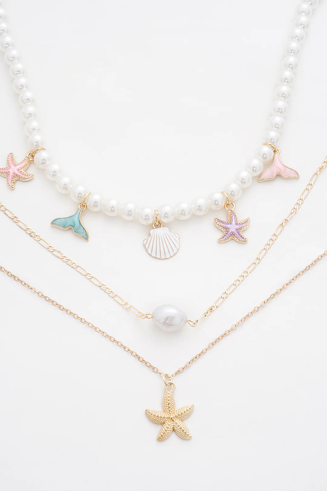 Multi-Layer Starfish Pendant Necklace Set with Seashell Elements