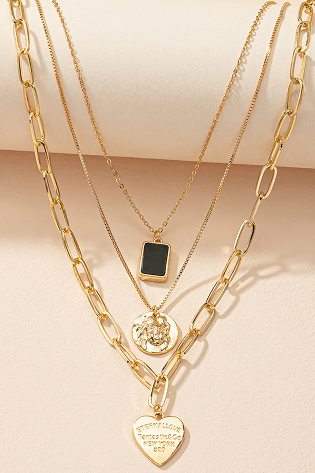 Layered Metal Heart Pendant Necklace