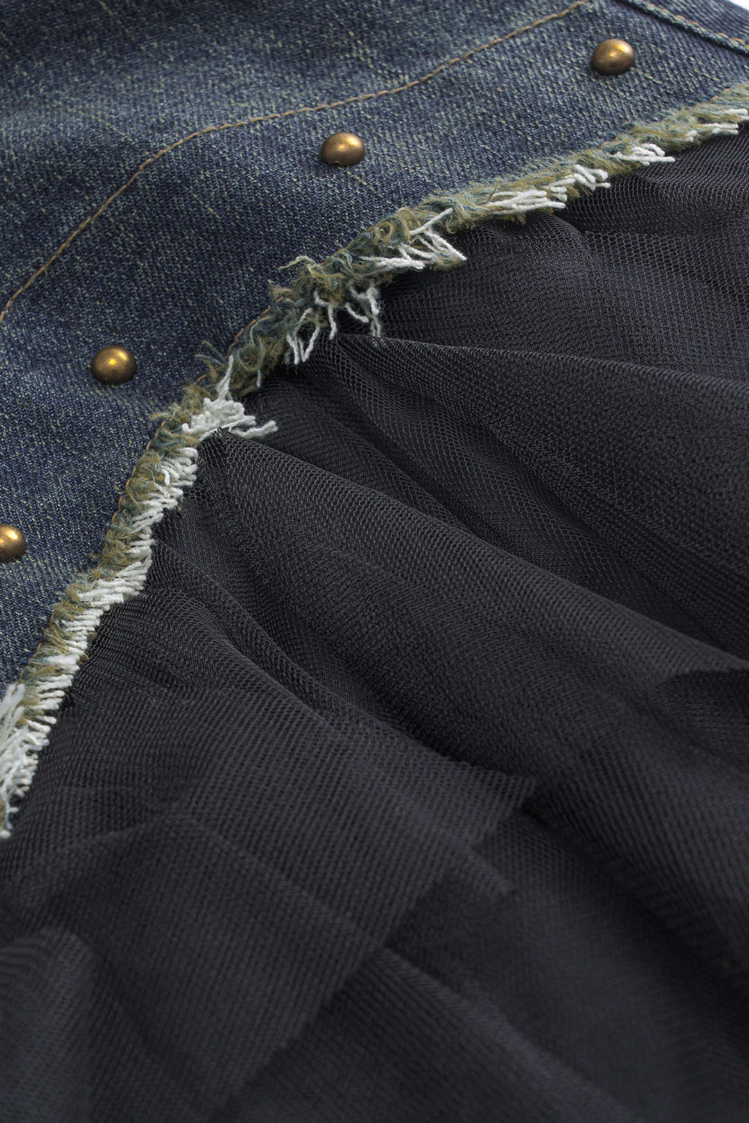 Denim Mesh Patchwork Button Pocket Skirt