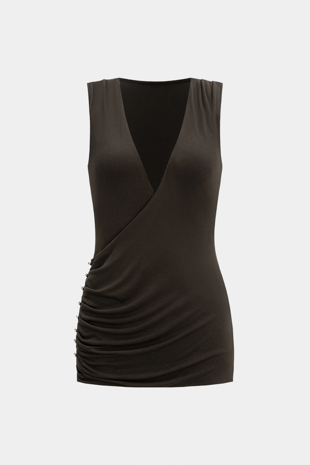 Deep V-Neck Pleated Button Tank Top