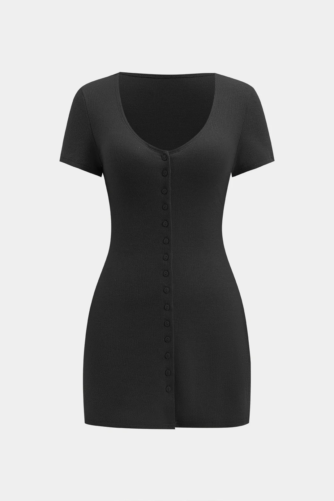 Buttoned V-Neck Short-Sleeve Mini Dress