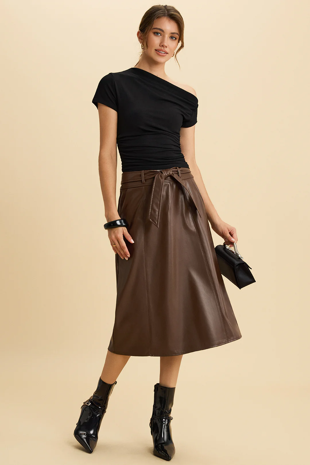 Faux Leather Bow High Waist Belted Skirt