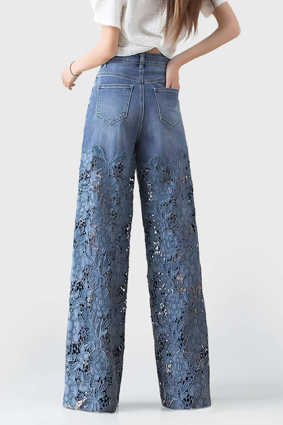 Lace Cut-Out Patchwork Wide-Leg Denim Jeans