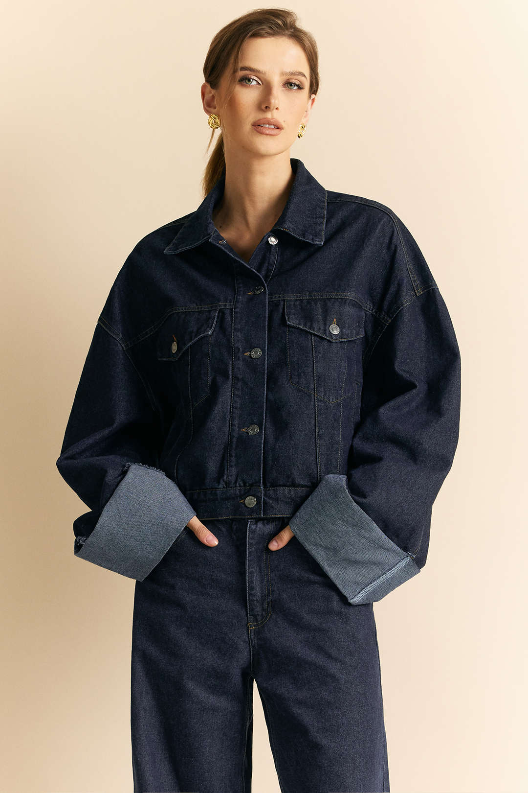 Denim Button Pocket Cuffed Long-Sleeve Top