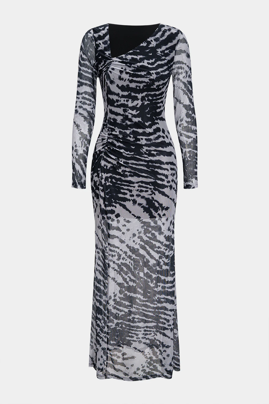 Contrasting Print Mesh Ruched Long-Sleeved Maxi Dress