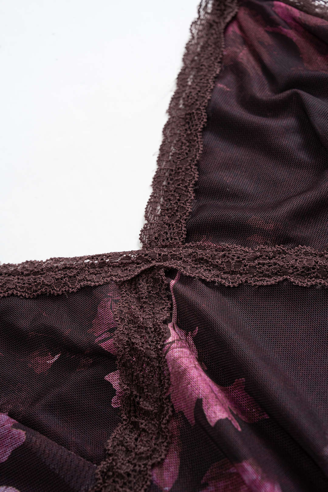 Mesh Floral Print Lace Trim Asymmetrical Sleeveless Mini Dress