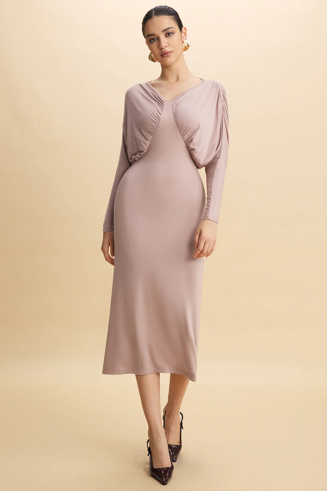 V-Neck Batwing Sleeve Ruched Long Dress