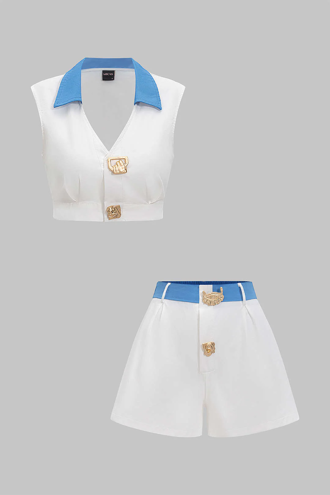 Patchwork Metallic Decor V Neck Tank Top and Shorts Outfit Set