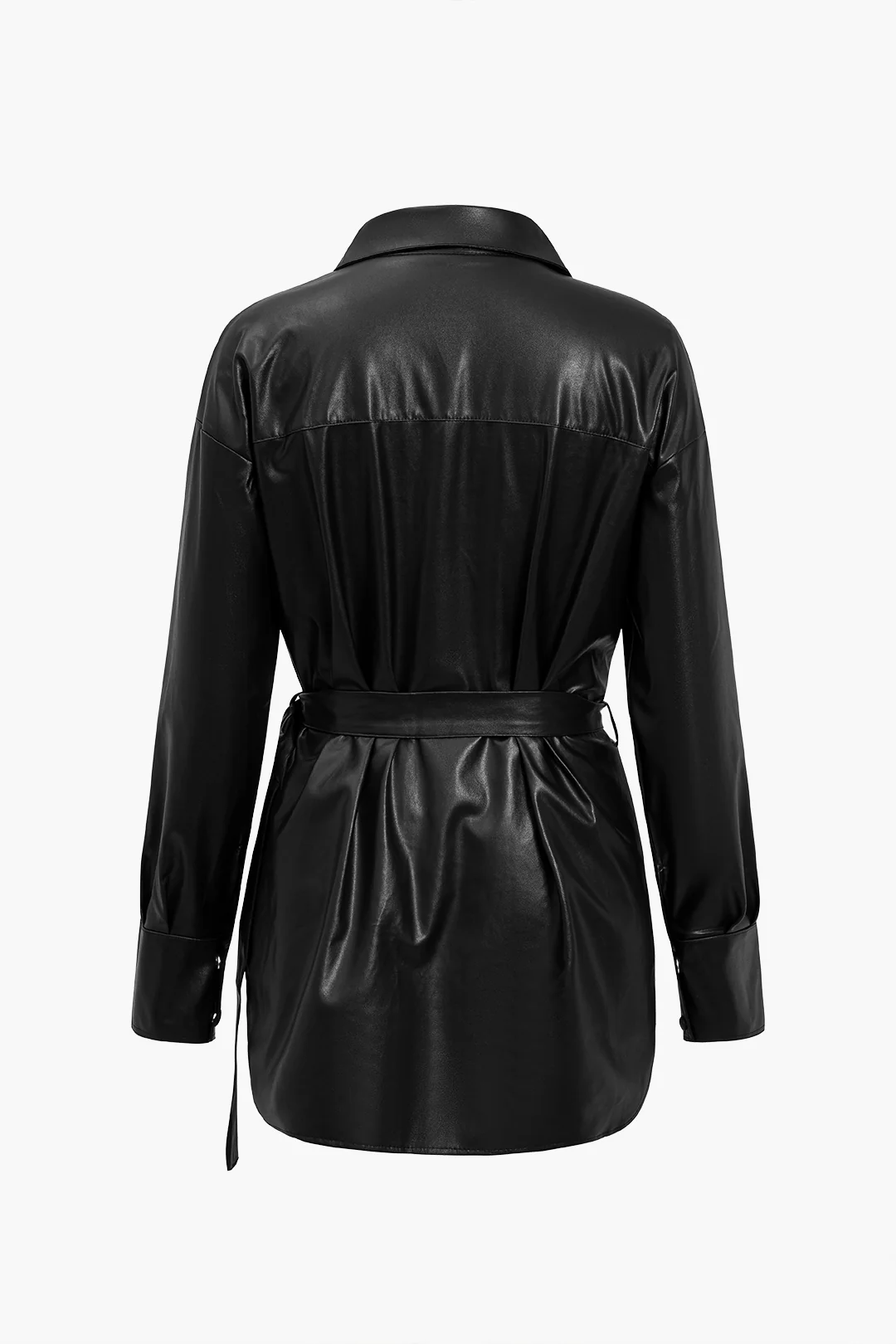 Solid Faux Leather Belted Long-Sleeved Shirt
