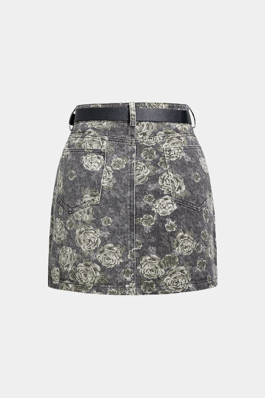 Floral Print Denim High Waist Belted Mini Skirt