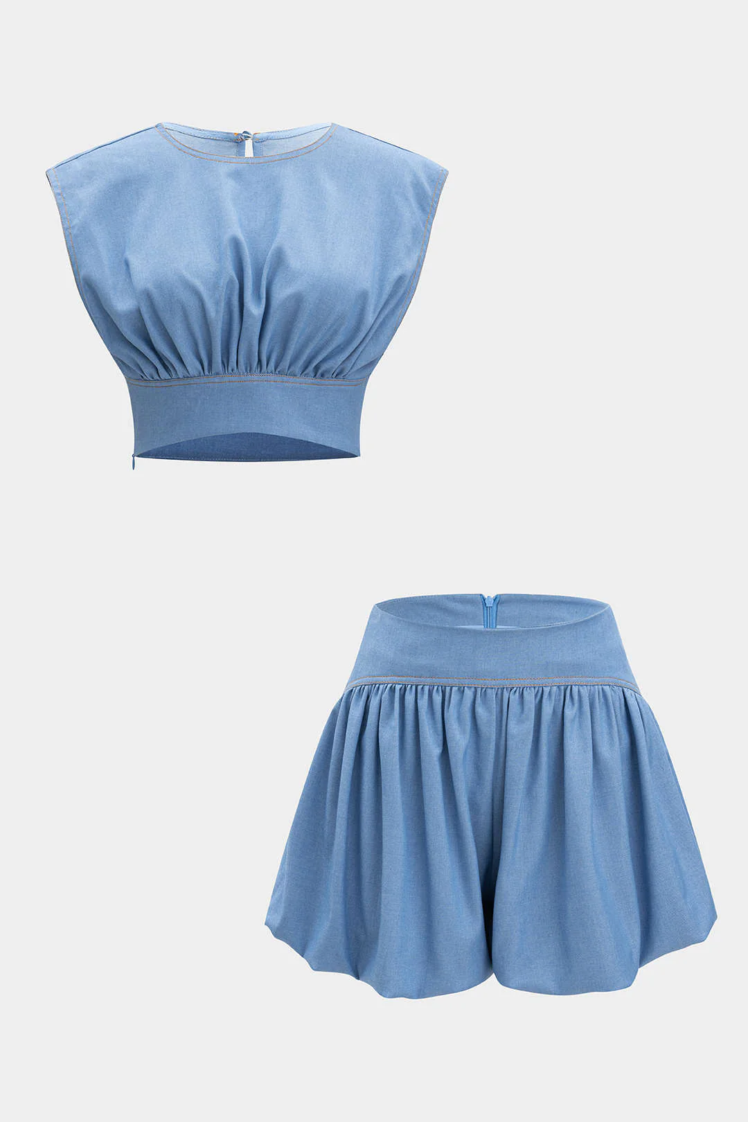 Denim Ruched Tank Top and Zipper Detail Shorts Combo