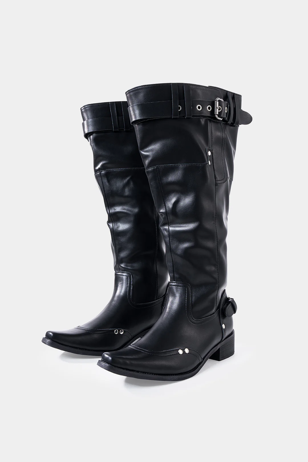 Leather Ruched Buckle Knee-High Boots