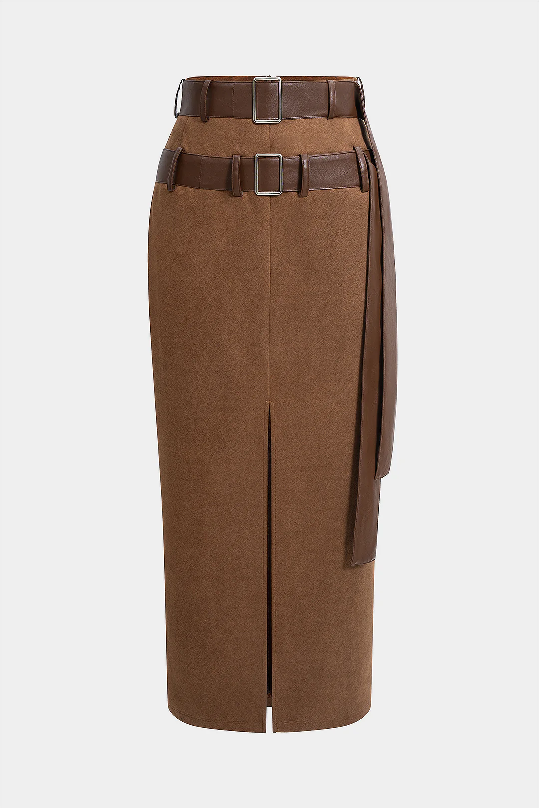 High Waist Slit Belted Suede Skirt