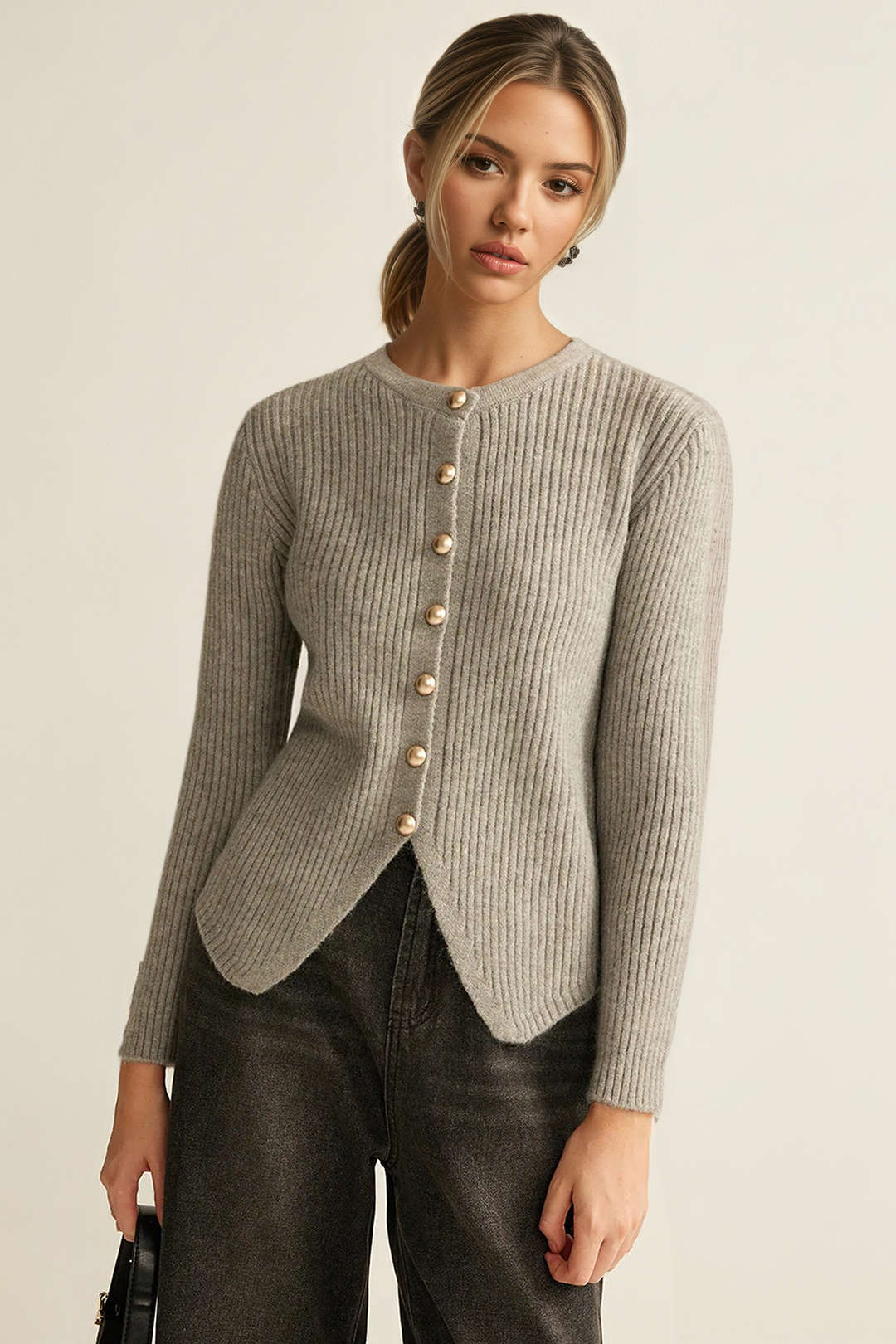 Ribbed Knit Button-Up Long Sleeve Top