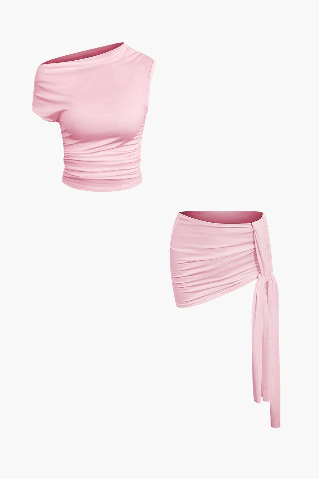Asymmetrical Ruched Crop Top and Tie Mini Skirt Set