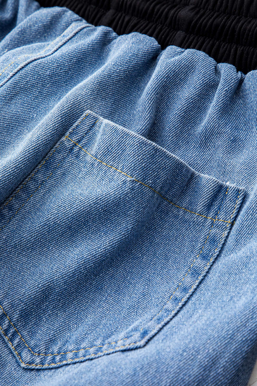 Denim Patchwork Round Neck Long Sleeve Top with Drawstring Pocket Trousers Set