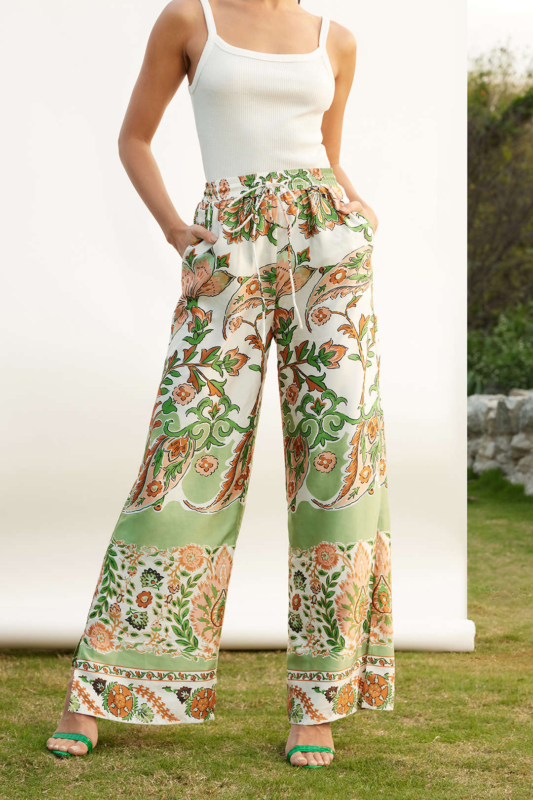 Floral Pattern Drawstring Split Wide-Leg Trousers