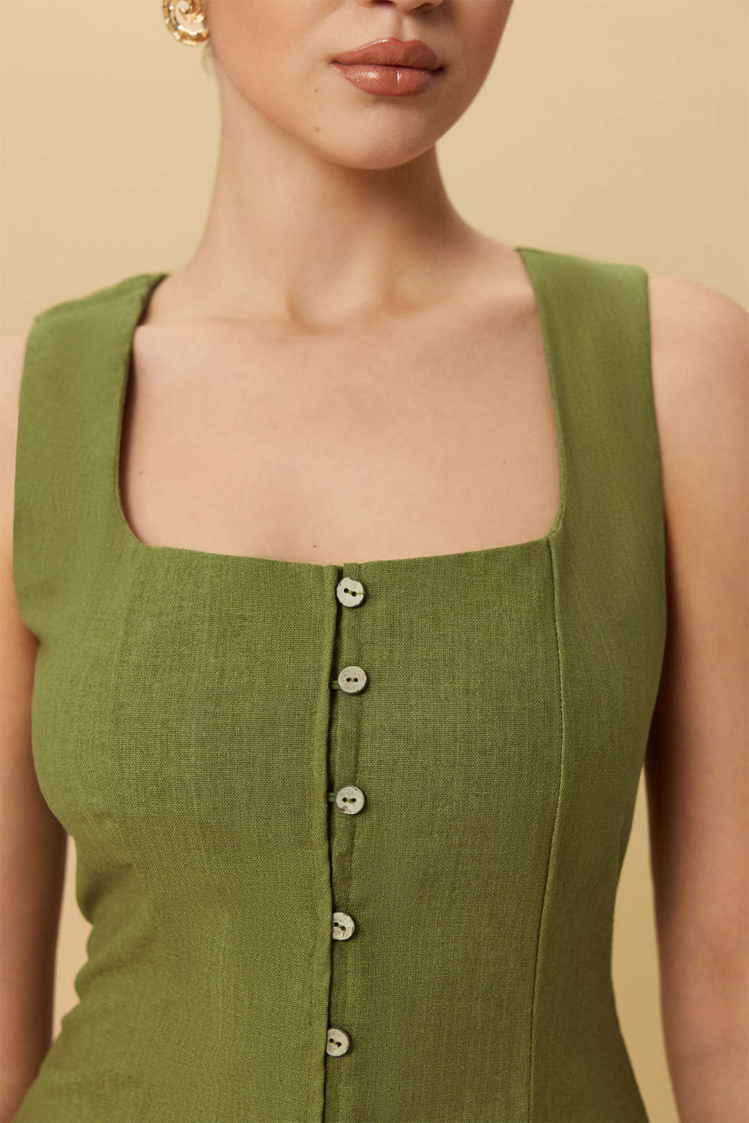 Buttoned Square Neck Sleeveless Midi Tank Dress