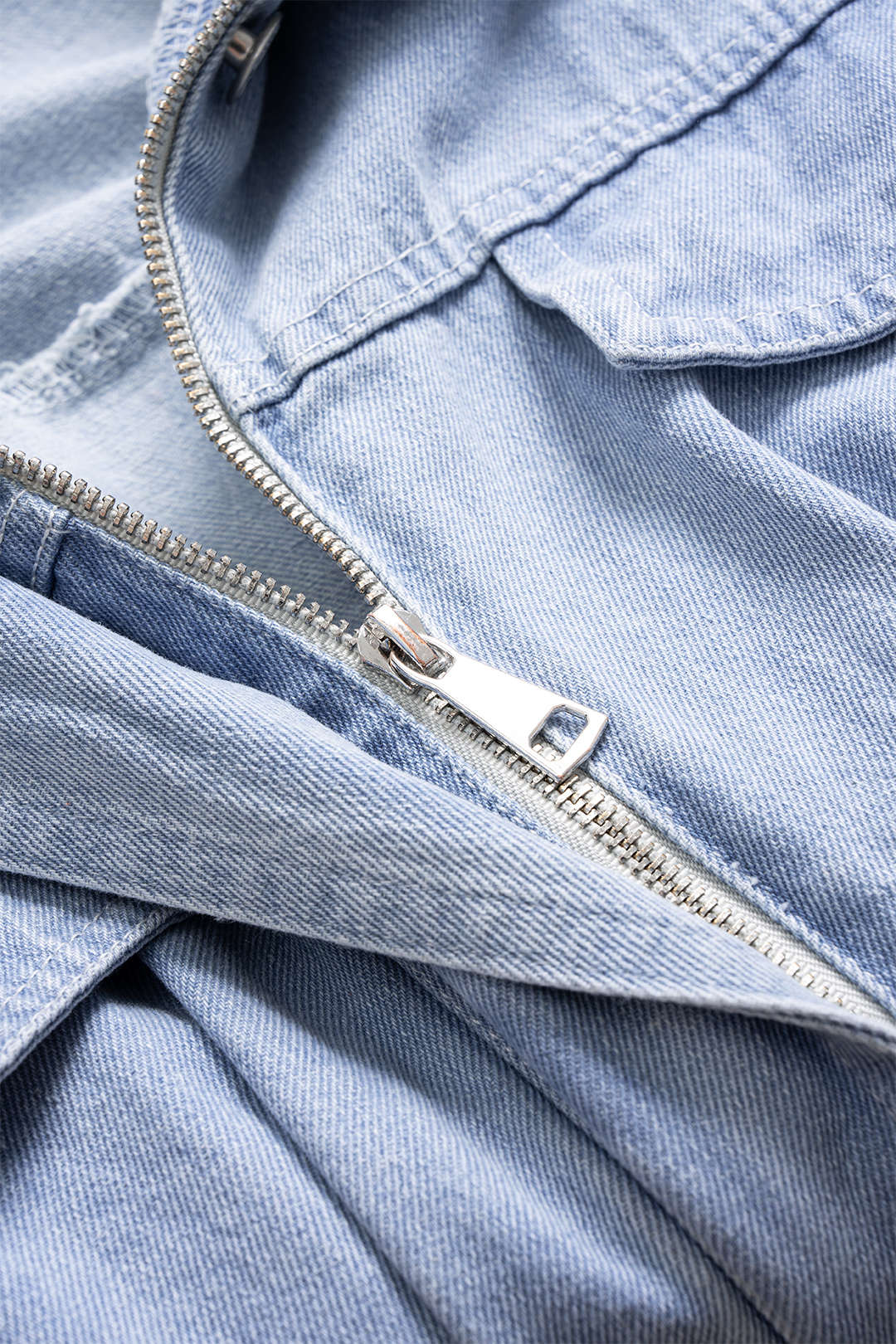 Denim Waist Cinching Ruffled Zipper Jacket