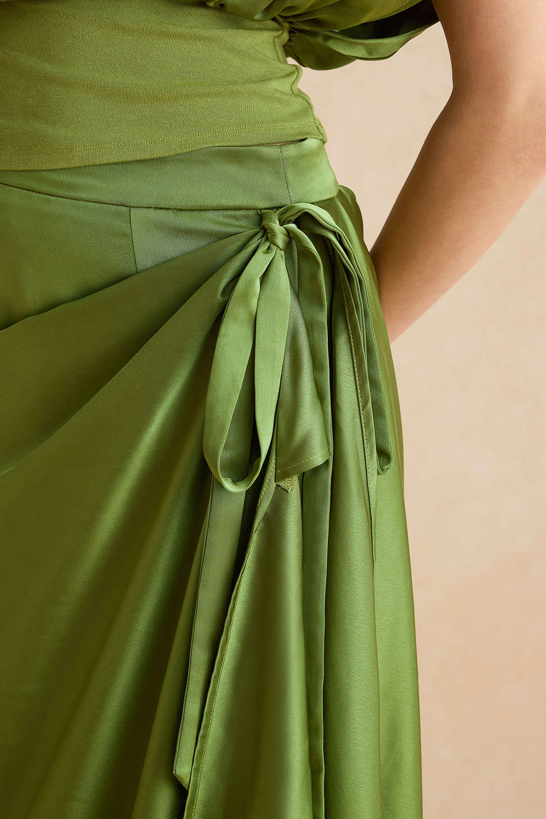 Satin Asymmetrical Ruched Tie Knot Zipper Skirt