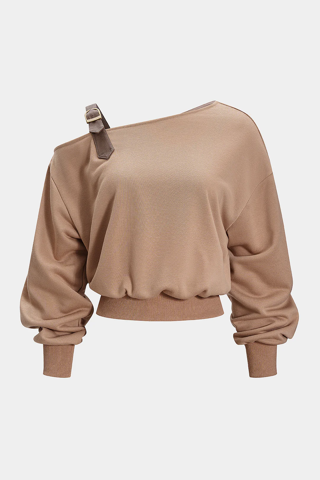 Asymmetric Neck Ruched Long-Sleeved Top
