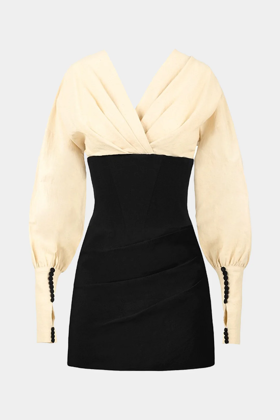 Patchwork Tie-Back V-Neck Pleated Long-Sleeve Mini Dress