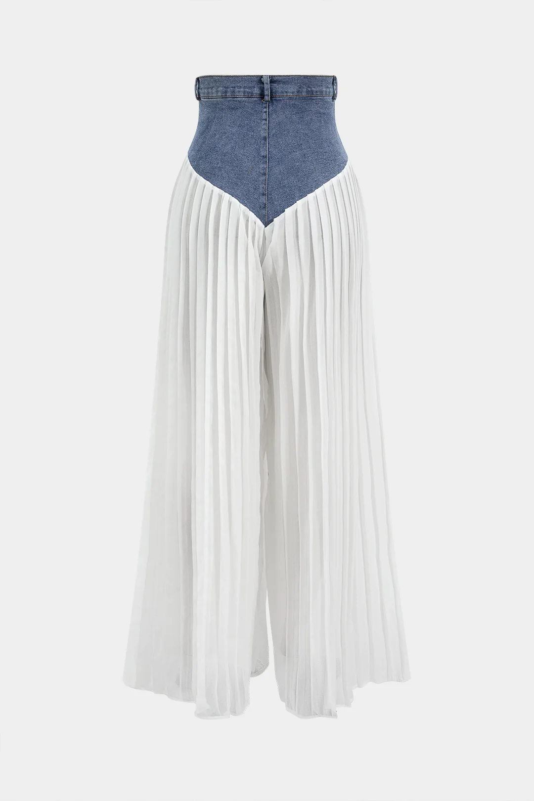 Dry Clean Denim Bustier Zipper Cami Top and Chiffon Pleated Patchwork Trousers Set