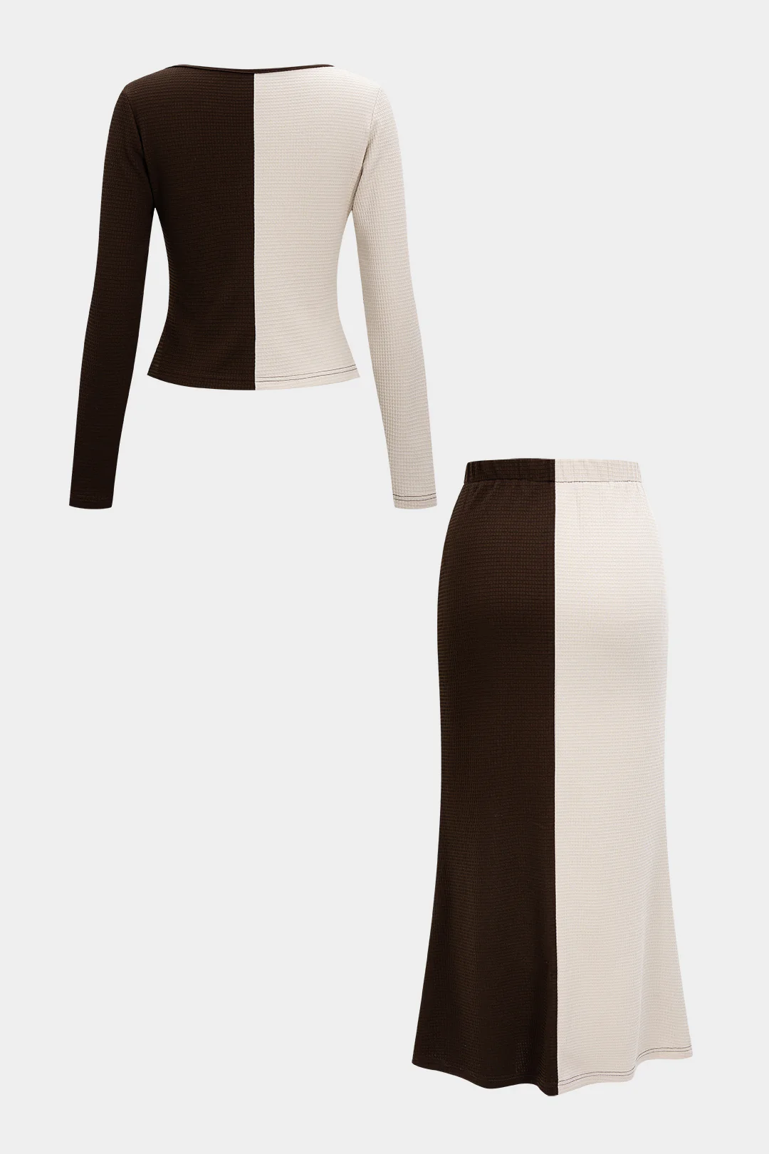 Contrasting Button Long-Sleeve Top and High-Waist Skirt Set