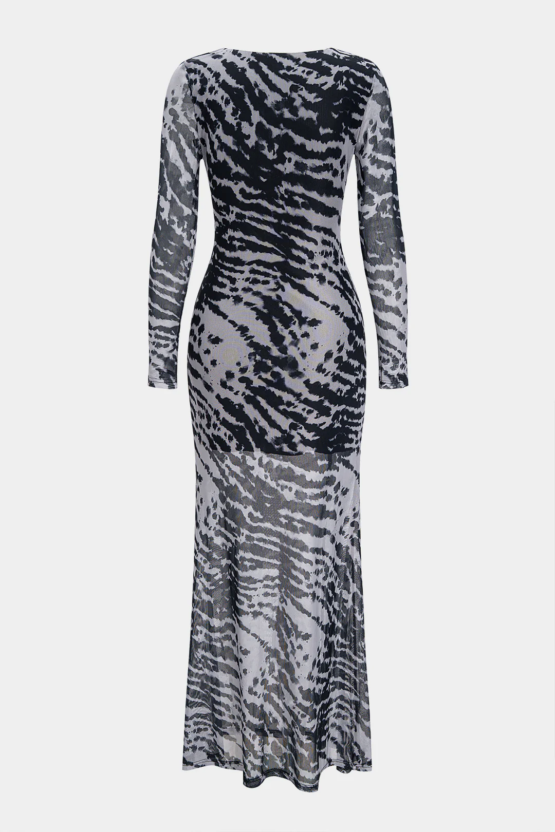Contrasting Print Mesh Ruched Long-Sleeved Maxi Dress