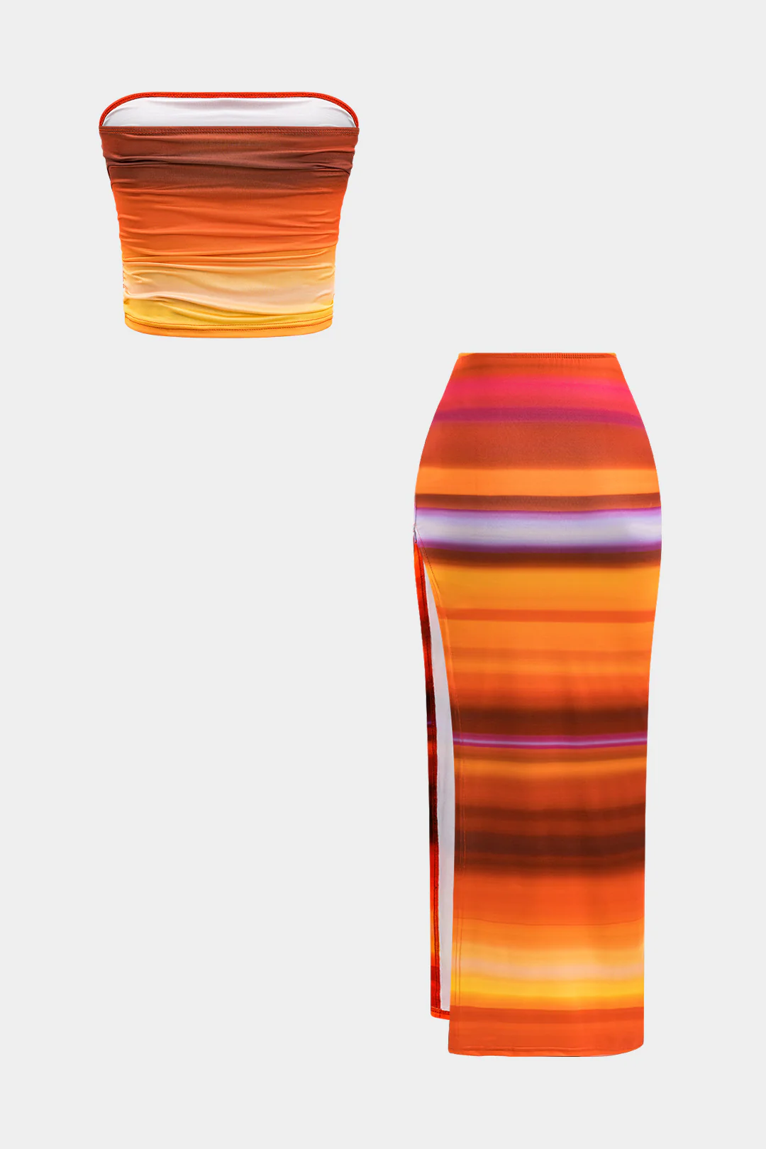 Ombre Print Ruched Cut Out Strapless Tube Top And Slit Maxi Dress