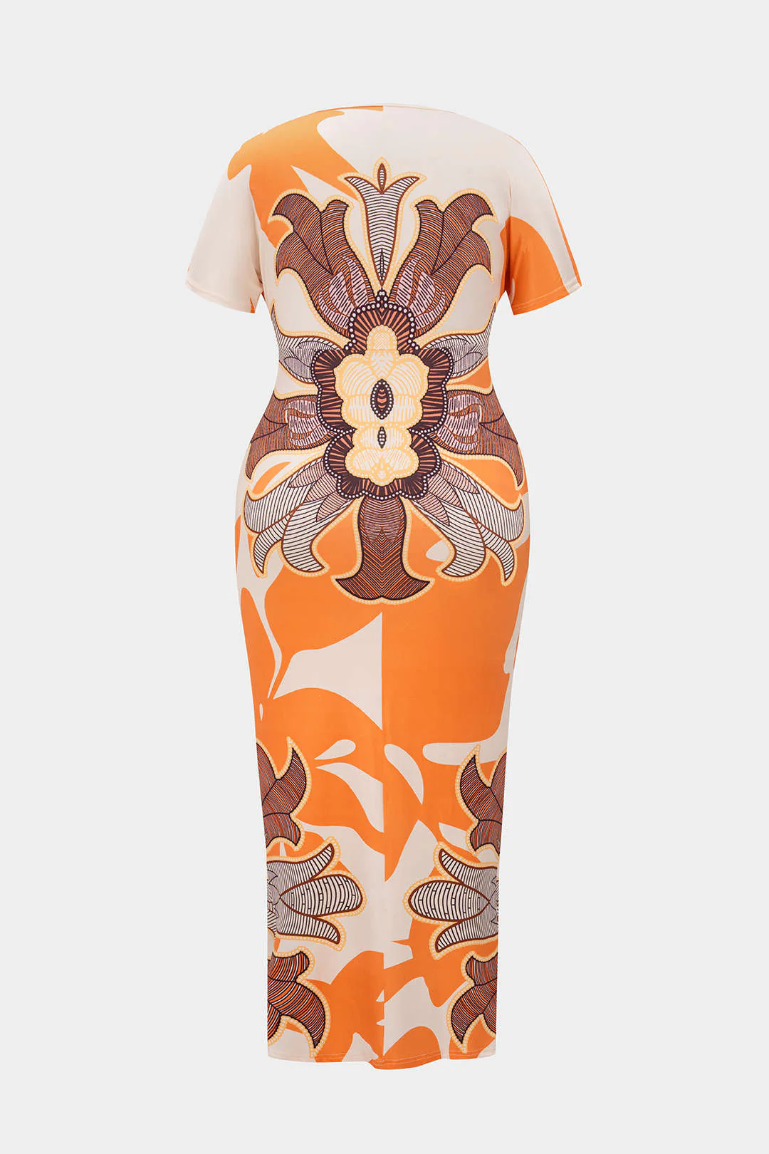 Plus Size Bohemian Print Ruched V-Neck Short Sleeve Slit Midi Dress