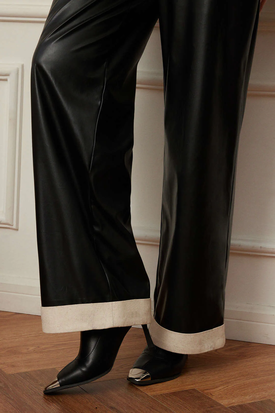 Faux Leather Asymmetric Patchwork Trousers