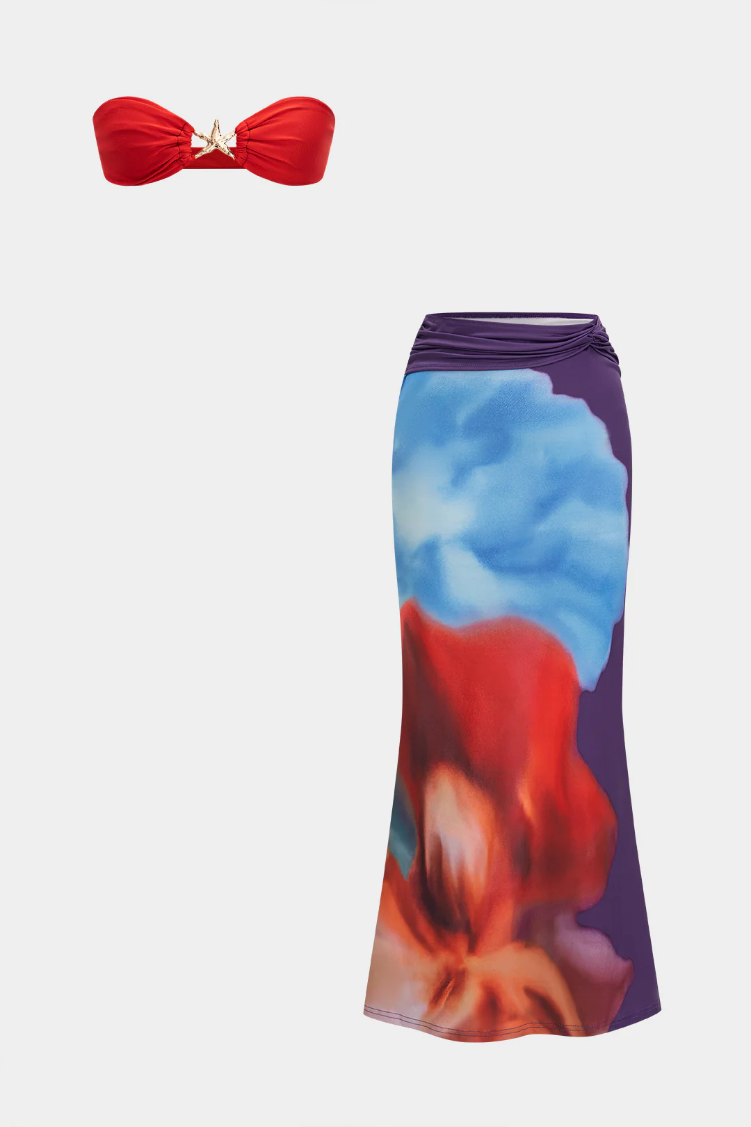 Metallic Decor Strapless Top And Abstract Floral Print Ruched Skirt Set